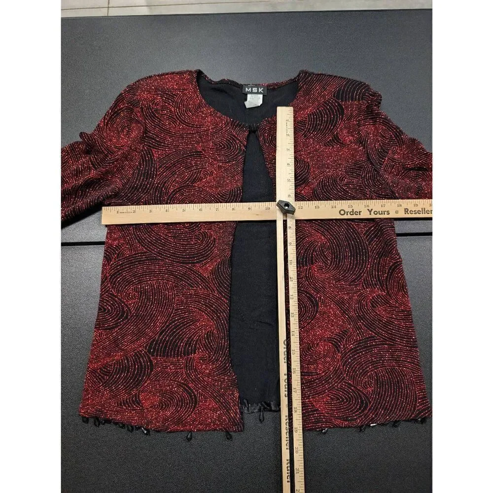 MSK Cardigan Jacket Red/Black All Over Beaded Embellished Artsy Evening Women's